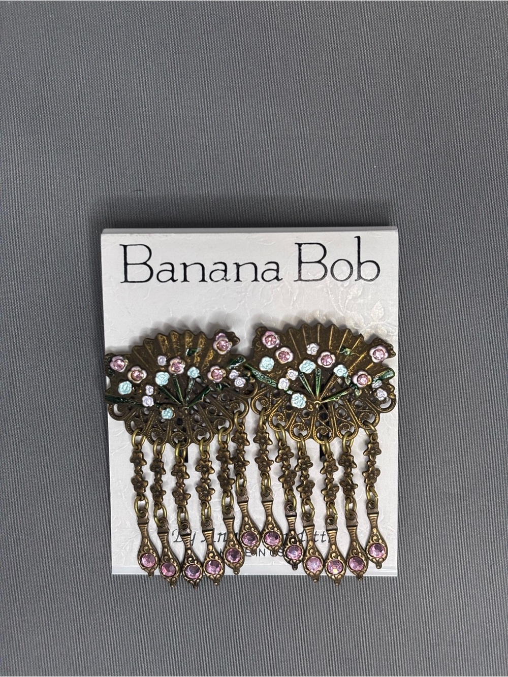 Banana Bob Antique Brass Fan Drop Earrings with Pink and Mint Crystals